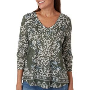 One World 3/4 Sleeve V-Neck Paisley Bold Printed Top Size 1X